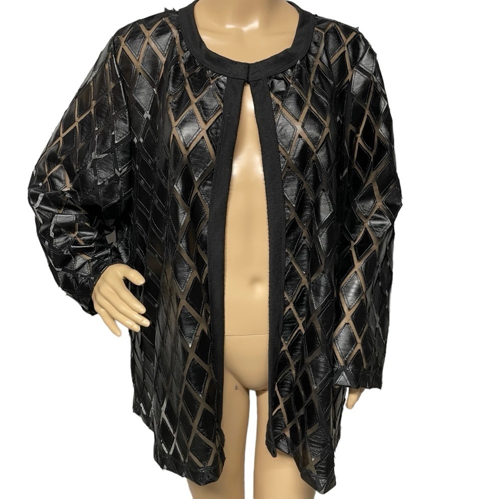 Slinky Brand Black 2X Diamond Pattern Sheer 3/4 Sleeve Open Front Kimono in EUC - Picture 2 of 9